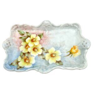 Hand Painted Vintage Yellow FlowerTrinket Tray Signed By Zenas 1940s